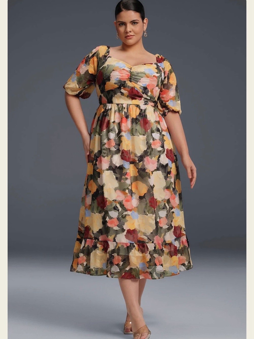 Sweetheart Puff-Sleeve Floral Midi Dress in Multi-Color
